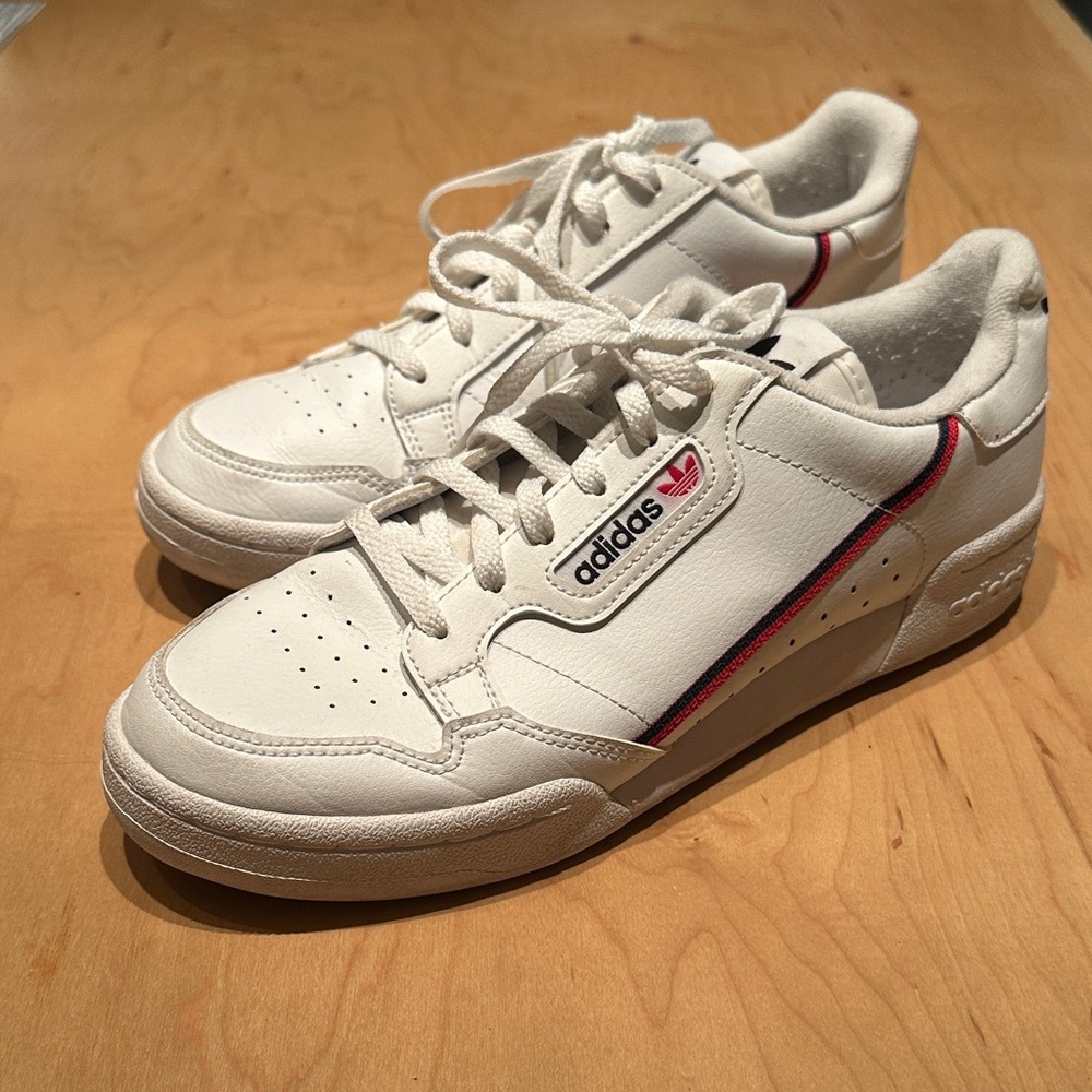 Adidas Men's White Sneakers with Red and Blue Accents